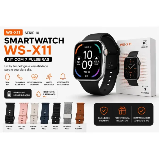 Rel�gio Smartwatch Ws-x11 S�rie10 Kit 7 Pulseiras