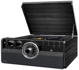 Raveo Vitrola Vanguard Ebony com Toca discos de 3 velocidades, Rdio FM, CD e Cassete players, USB (reproduz e grava)
