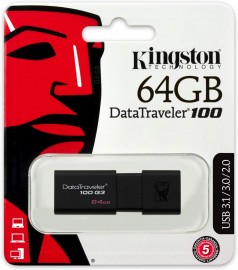 Pendrive 64GB USB Kingston DataTraveler 100 Generation 3 DT100G3/64GB Preto