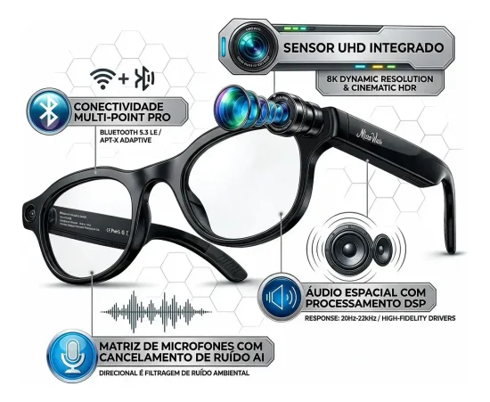 �culos Inteligente Cam�ra 4k Grava Video Tradu��o Bluetooth