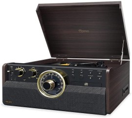 Raveo Vitrola Vanguard Ebony Marrom com Toca discos de 3 velocidades, Rdio FM, CD e Cassete players, USB (reproduz e grava)
